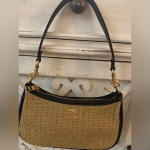 Coach Tan Straw Shoulder Bag with Black Trim and Gold Hardware